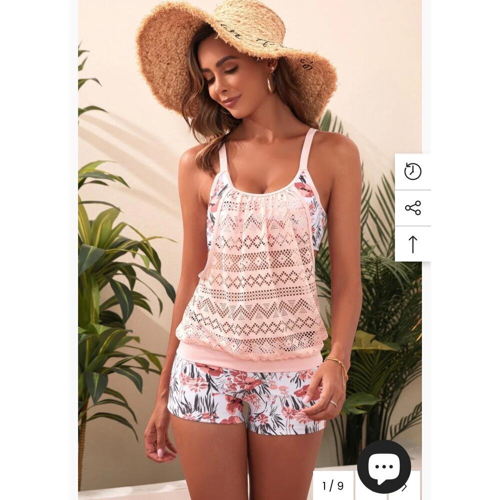 NWT Flamingo Tummy Control Blouson High Waisted Floral Two Piece Tankini, M
